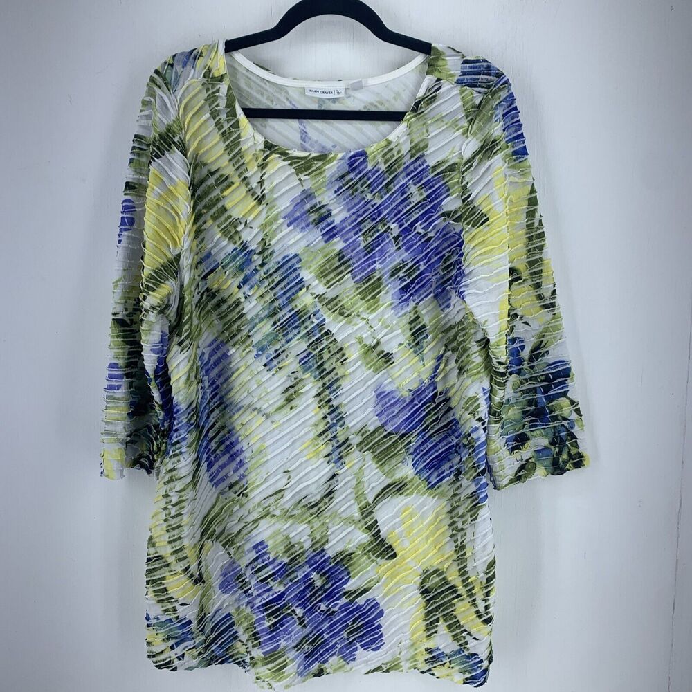 Susan Graver Womens Large Tunic Top Multicolor Artsy Ruffles Cottage Core Floral